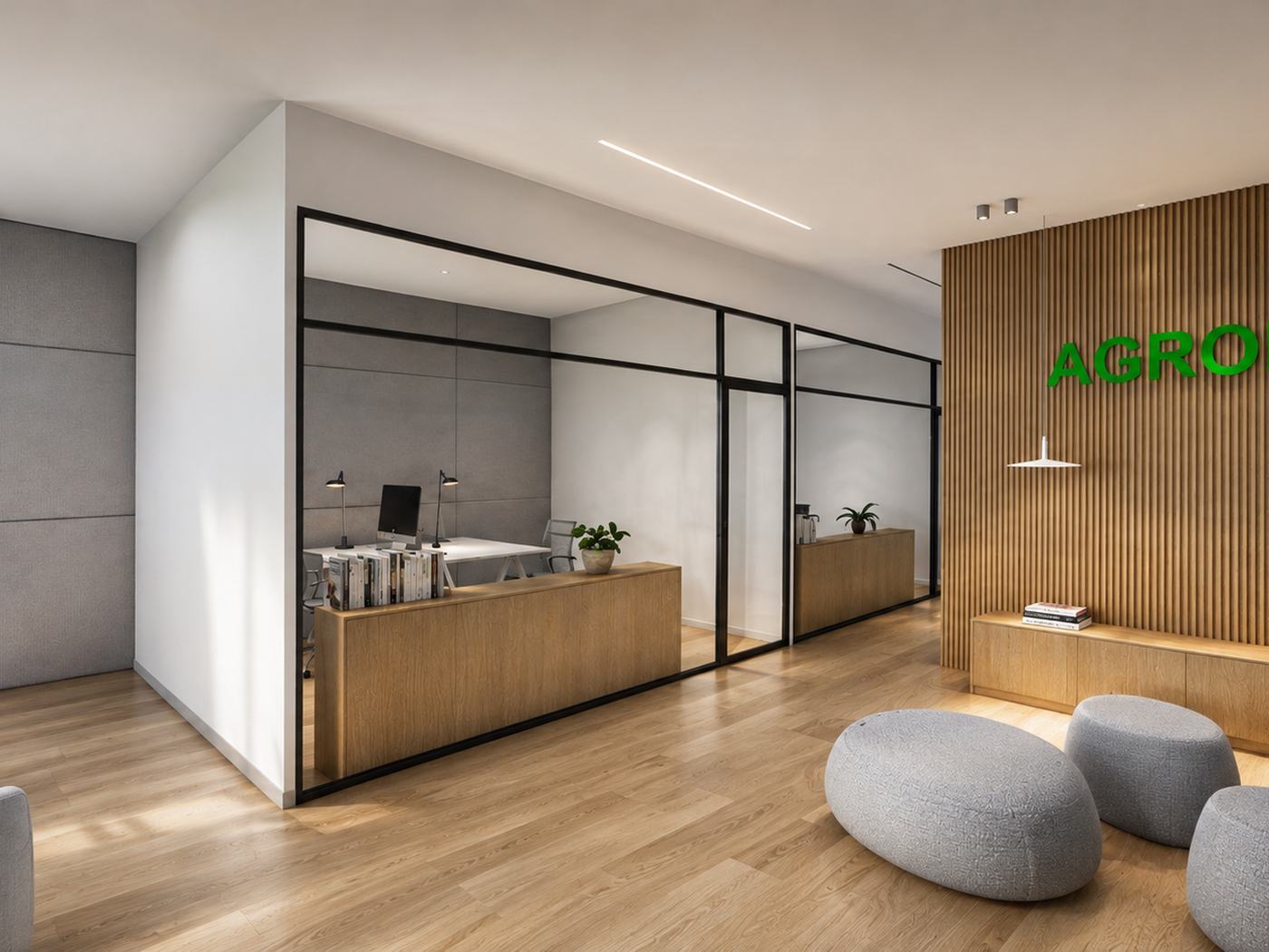 Headquarters Agrolab — Recepción panel madera