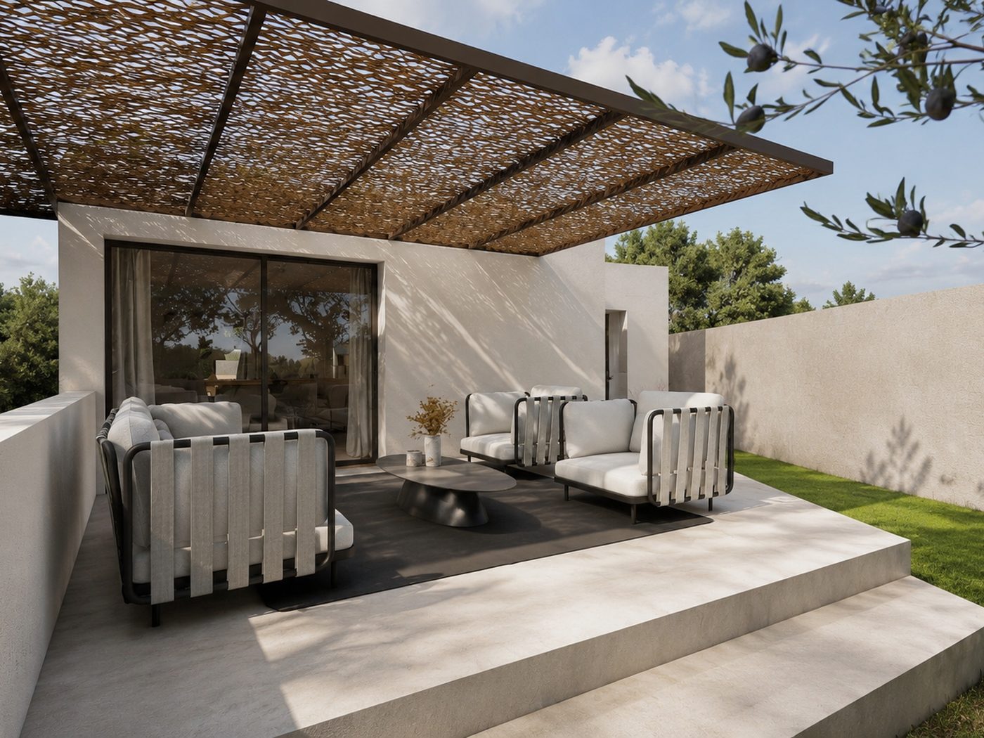 Ampliación Castellvell — Porche pérgola cañas