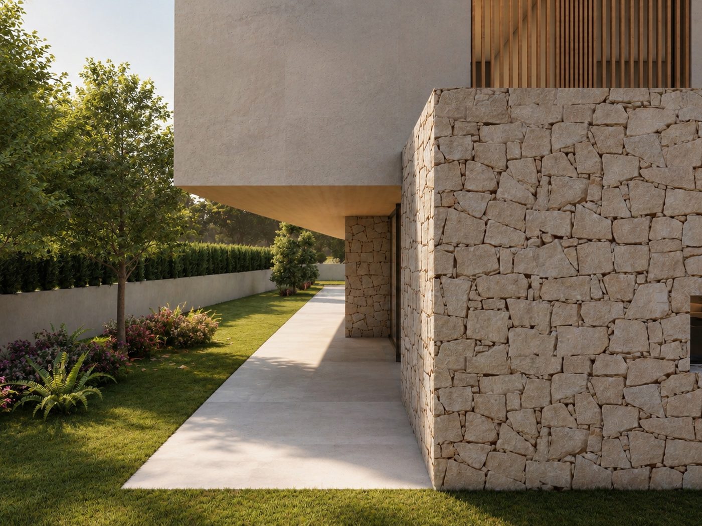 Casa Barenys — pasillo exterior junto al muro de piedra natural
