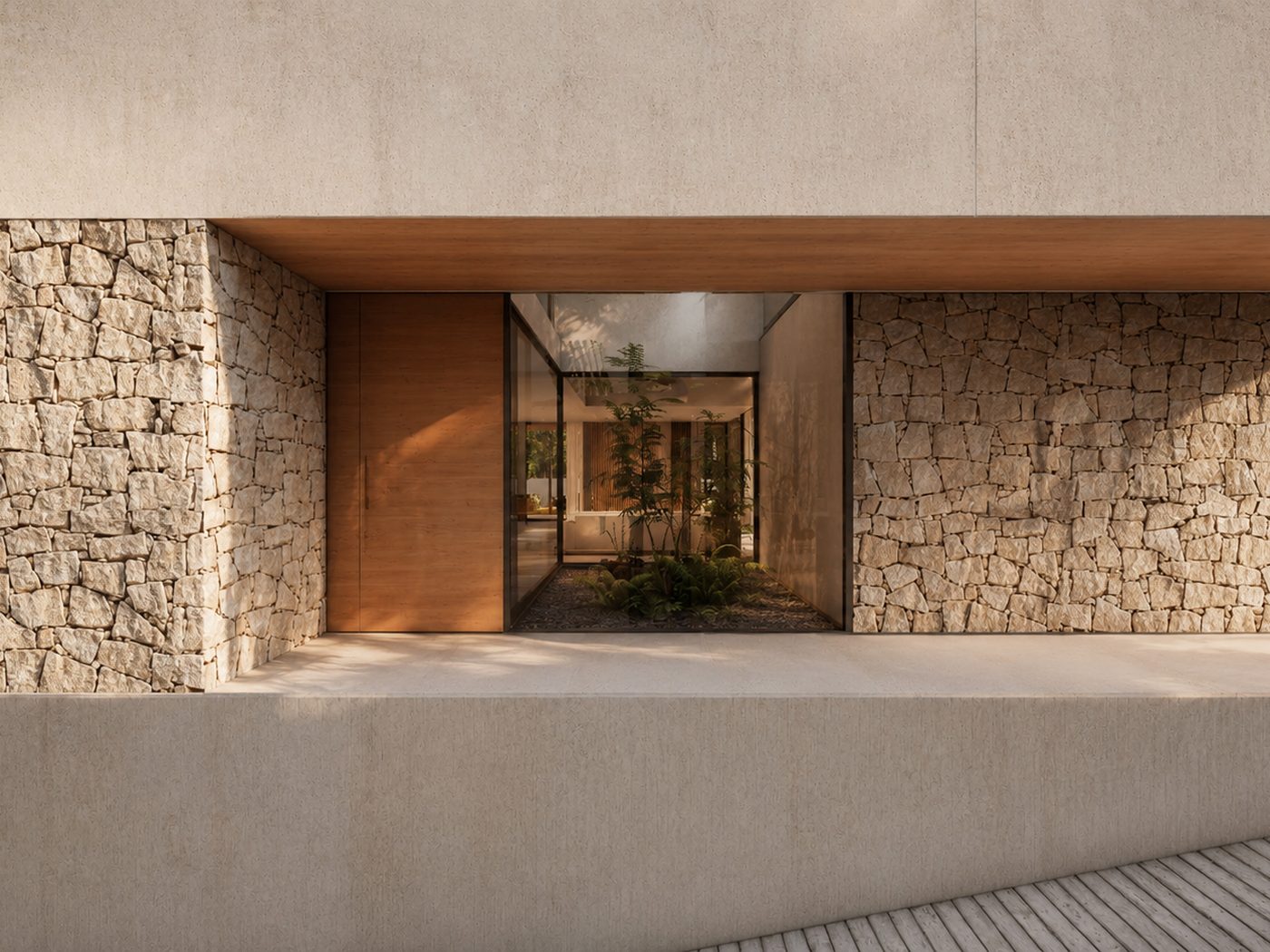 Casa Barenys — acceso principal con puerta de madera y patio interior