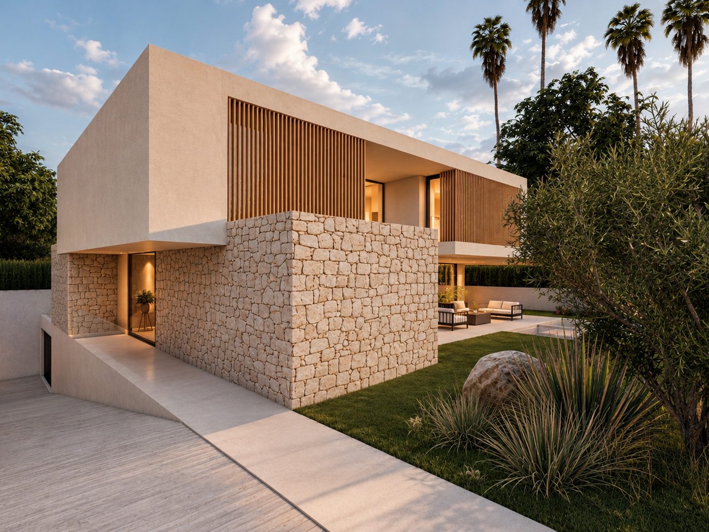 Casa Barenys — fachada posterior con palmeras al anochecer