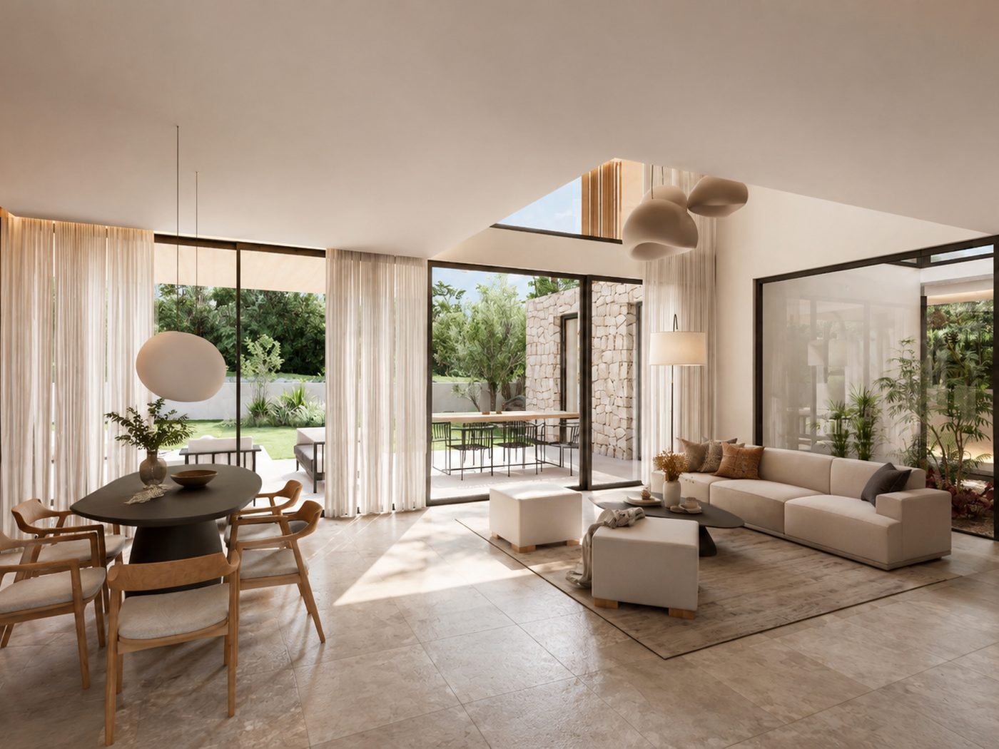 Casa Barenys — salón y comedor con vistas al patio interior