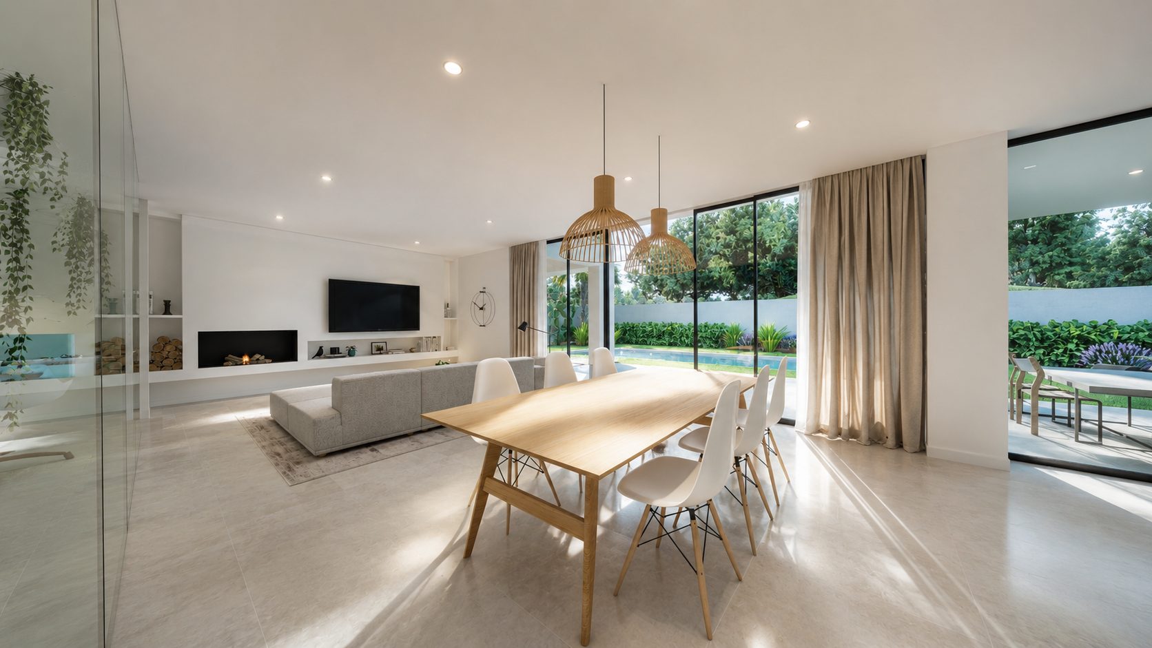 Casa Blancafort — Salón comedor piscina