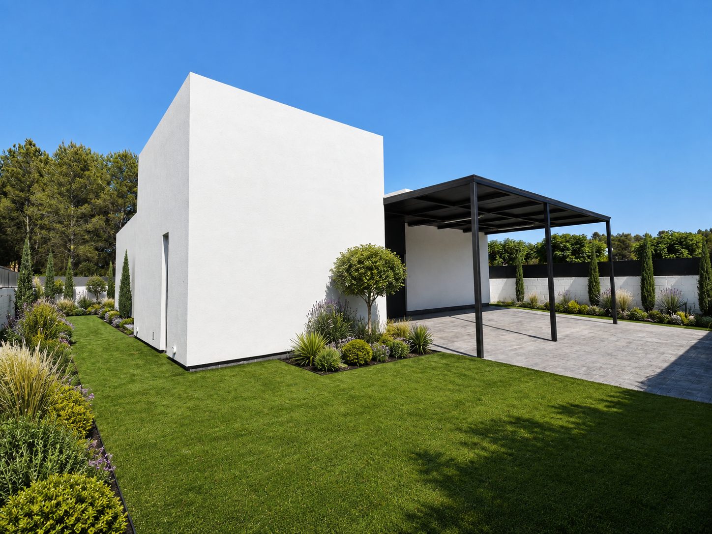 Casa Golf — Volumen blanco pérgola