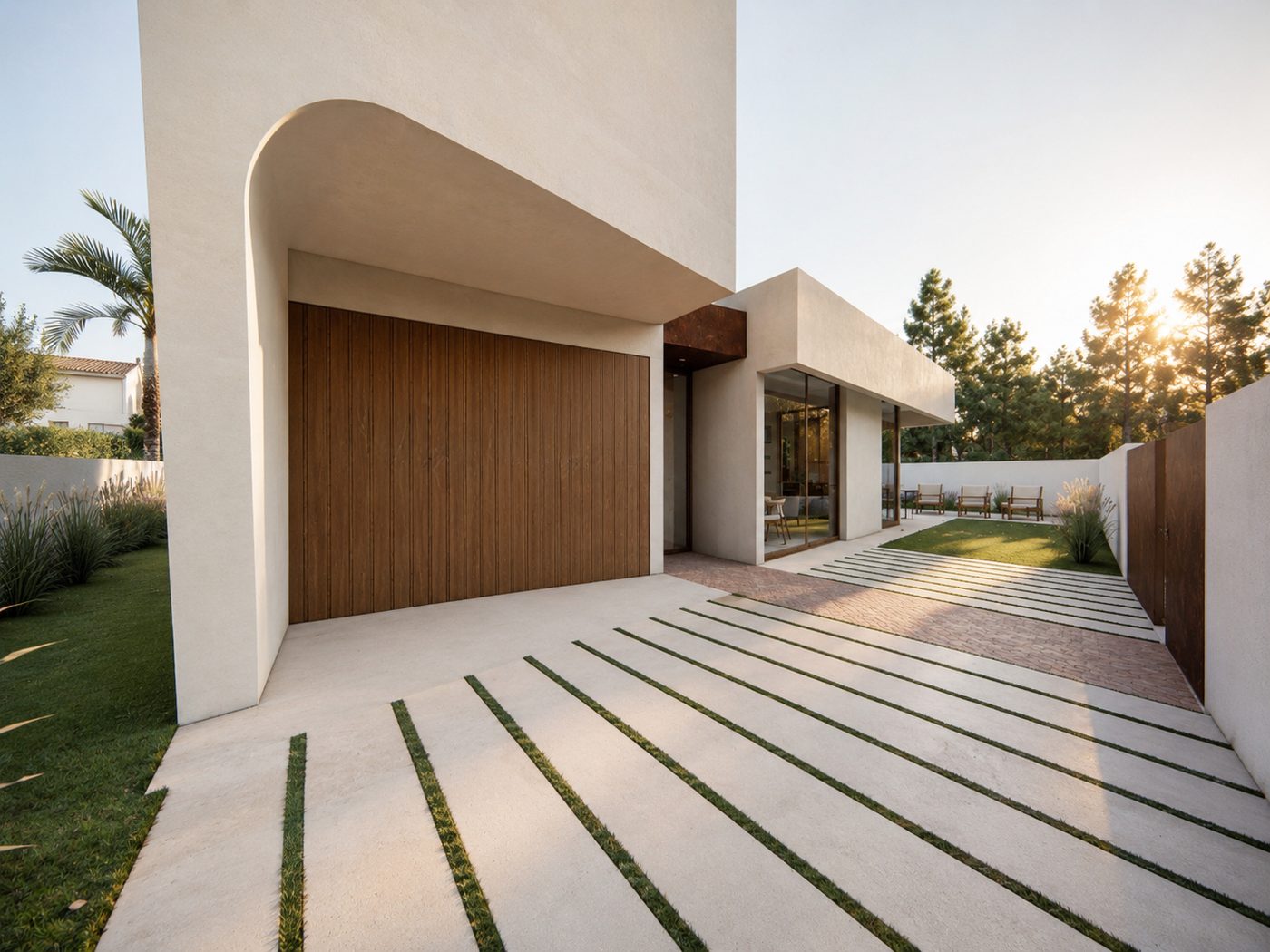 Casa LBC — Acceso curvo madera