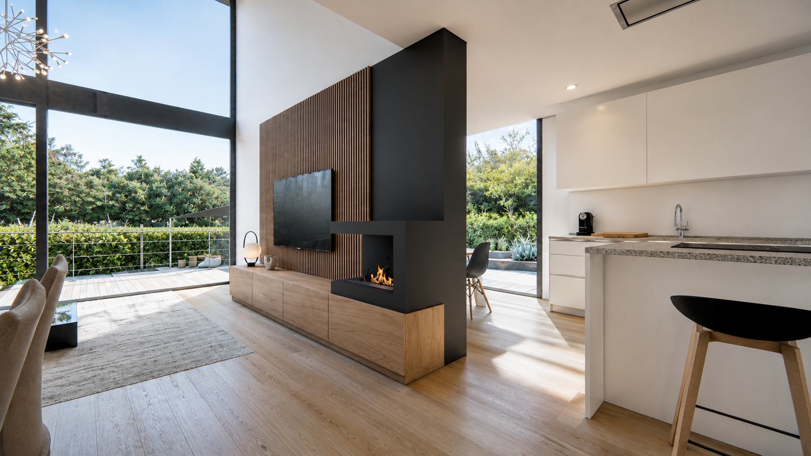 Ampliación Casa Marina — Salón chimenea cocina