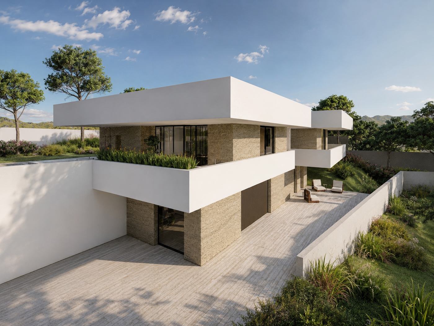 Casa TE — Fachada lateral desnivel