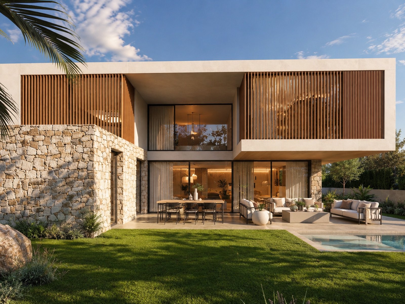 Casa Barenys — fachada con base de piedra natural, piscina y jardín
