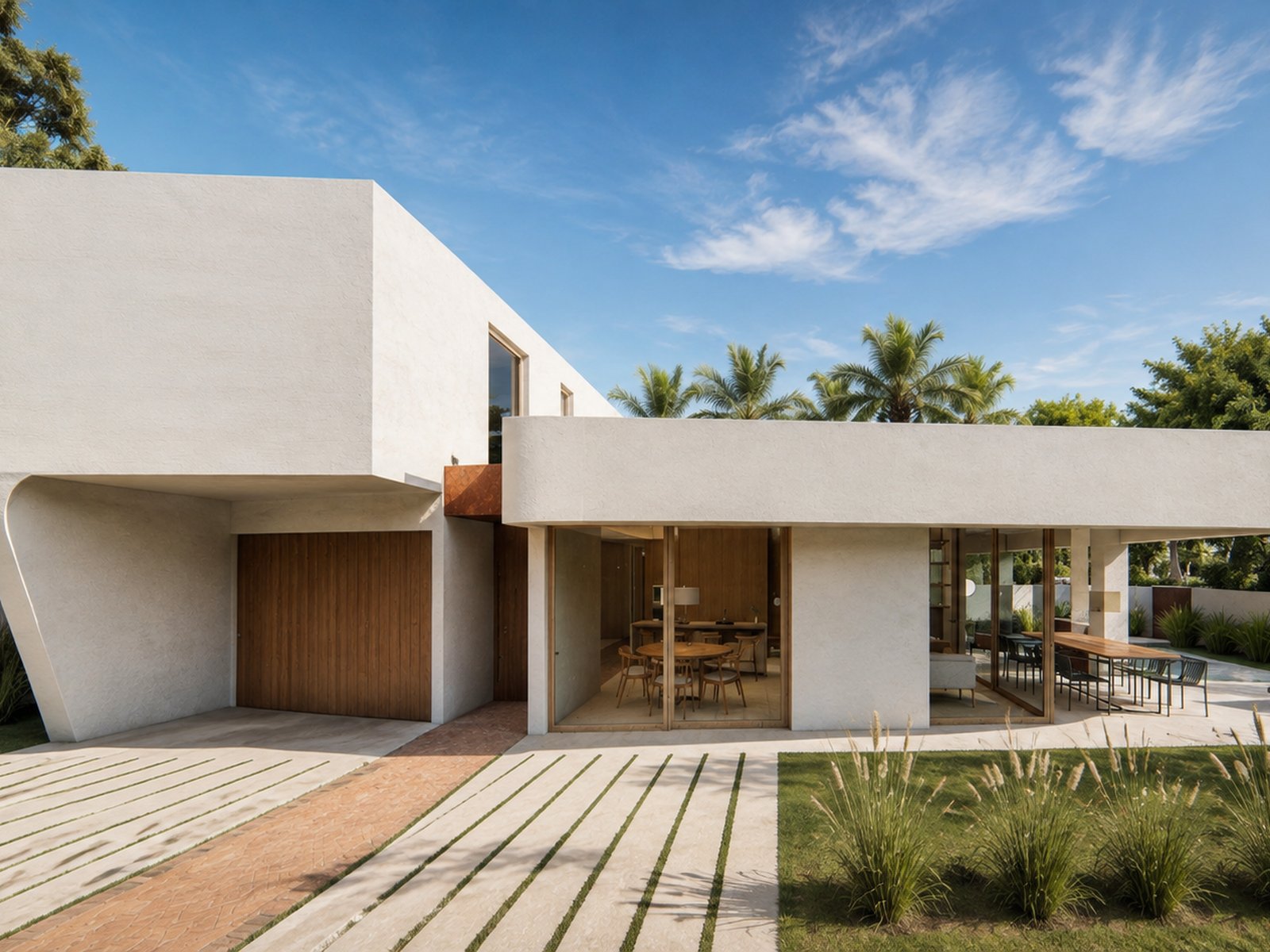 Casa LBC — acceso principal con volumen curvo en estuco blanco