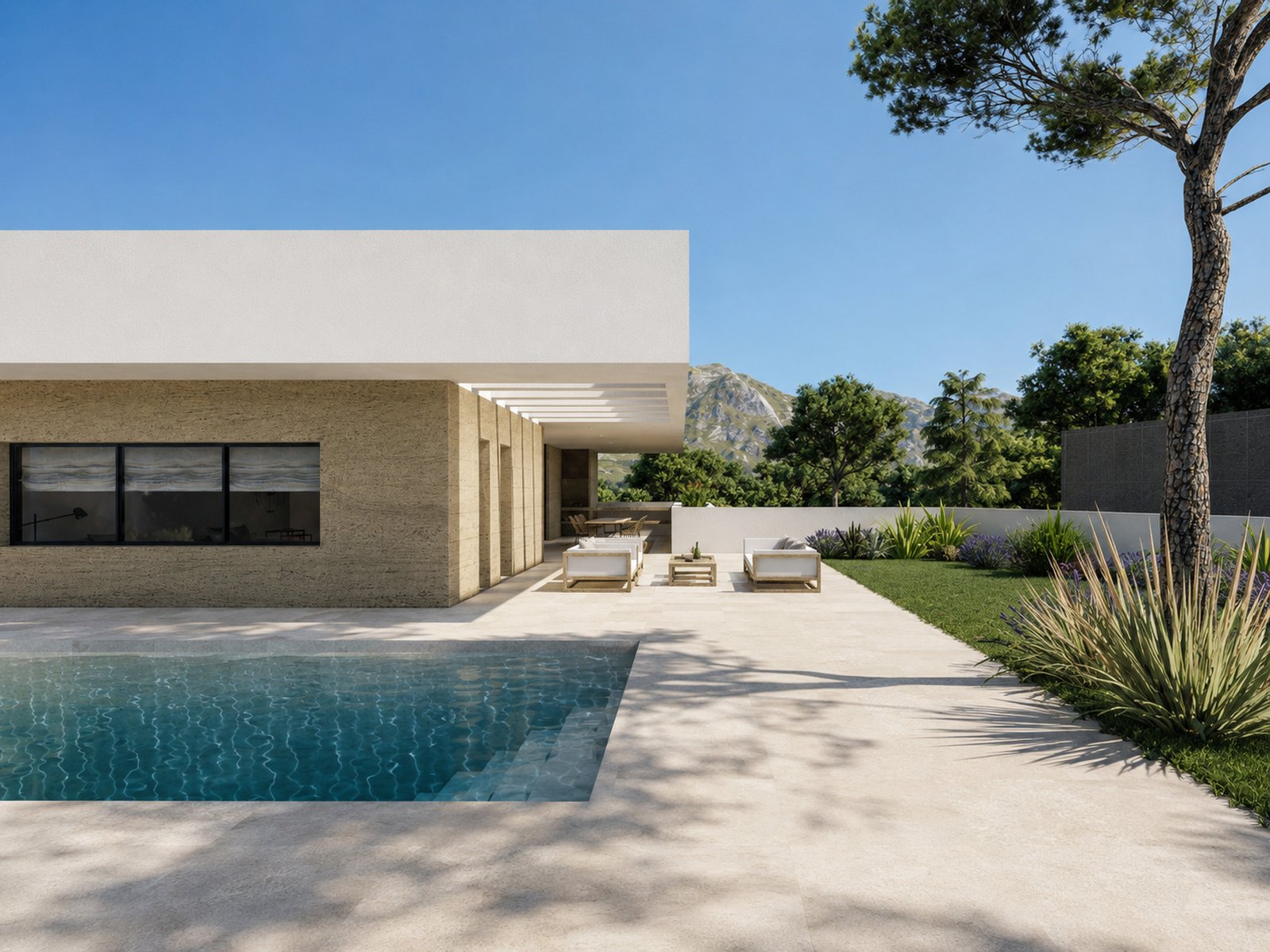 Casa TE — piscina y porche con vistas a la sierra