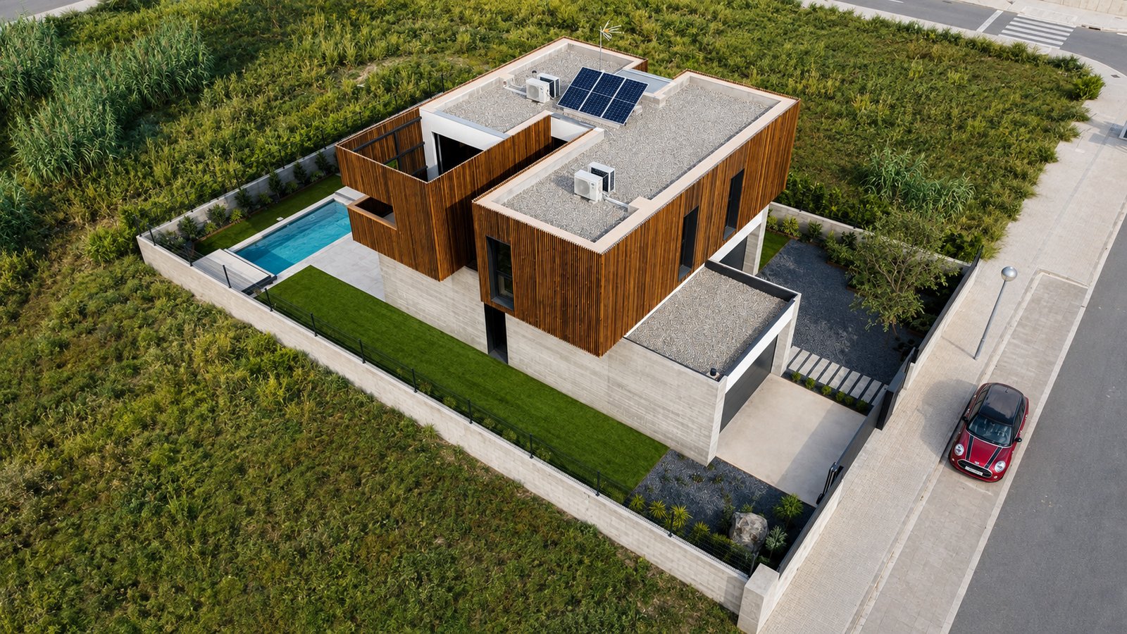 ASAME arquitectura — vivienda unifamiliar con revestimiento de lamas de madera, piscina y cubierta ajardinada