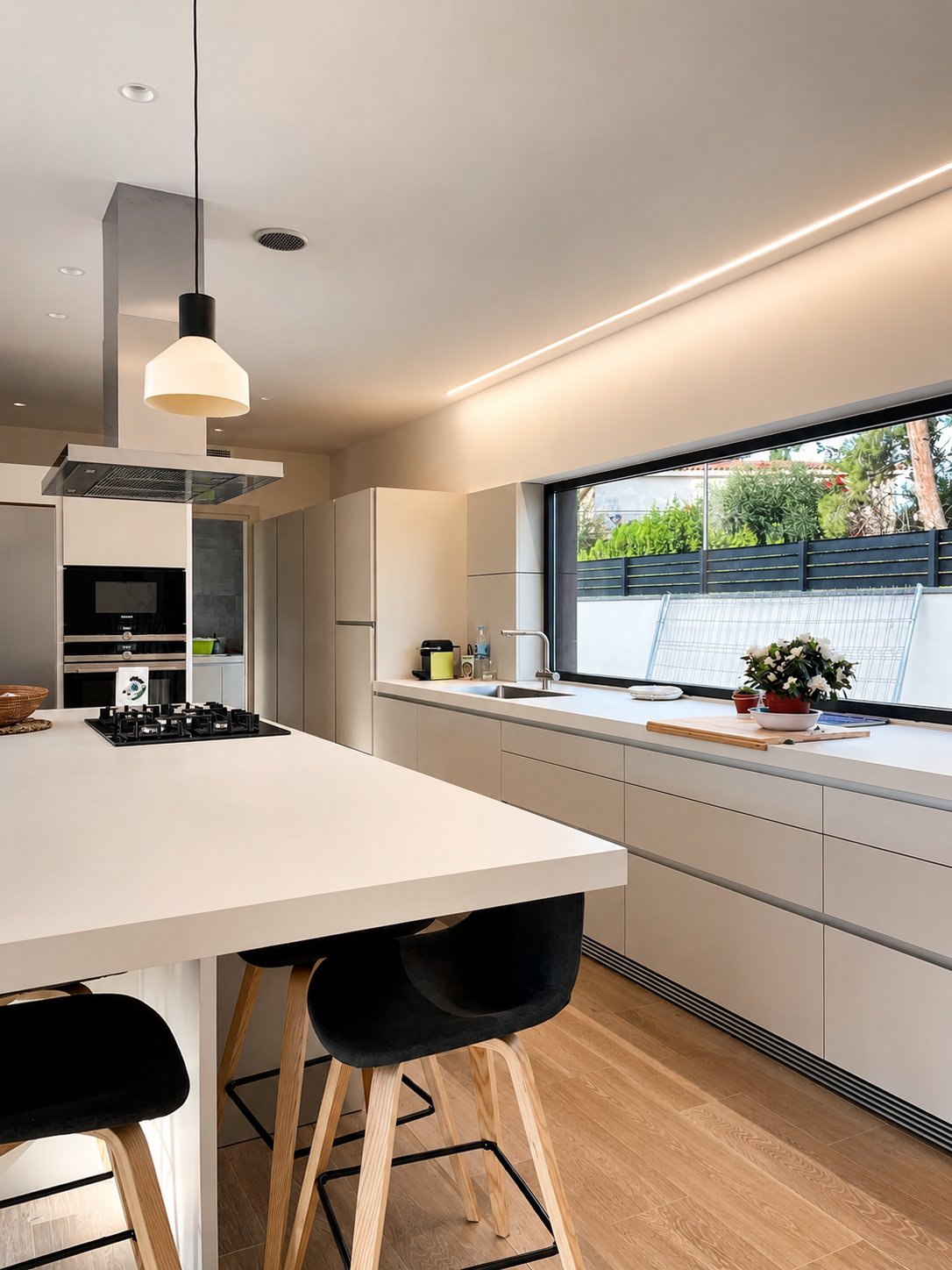 Interiorismo ASAME — cocina con isla, encimera blanca y vistas al jardín