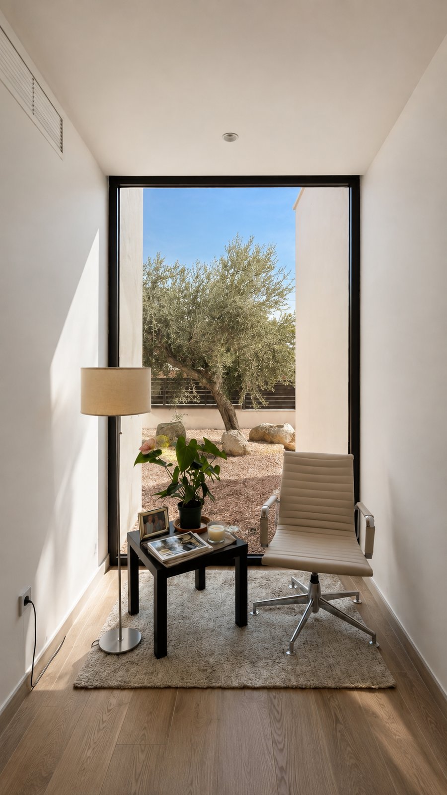 Interiorismo ASAME — rincón de estar con vistas a un olivo