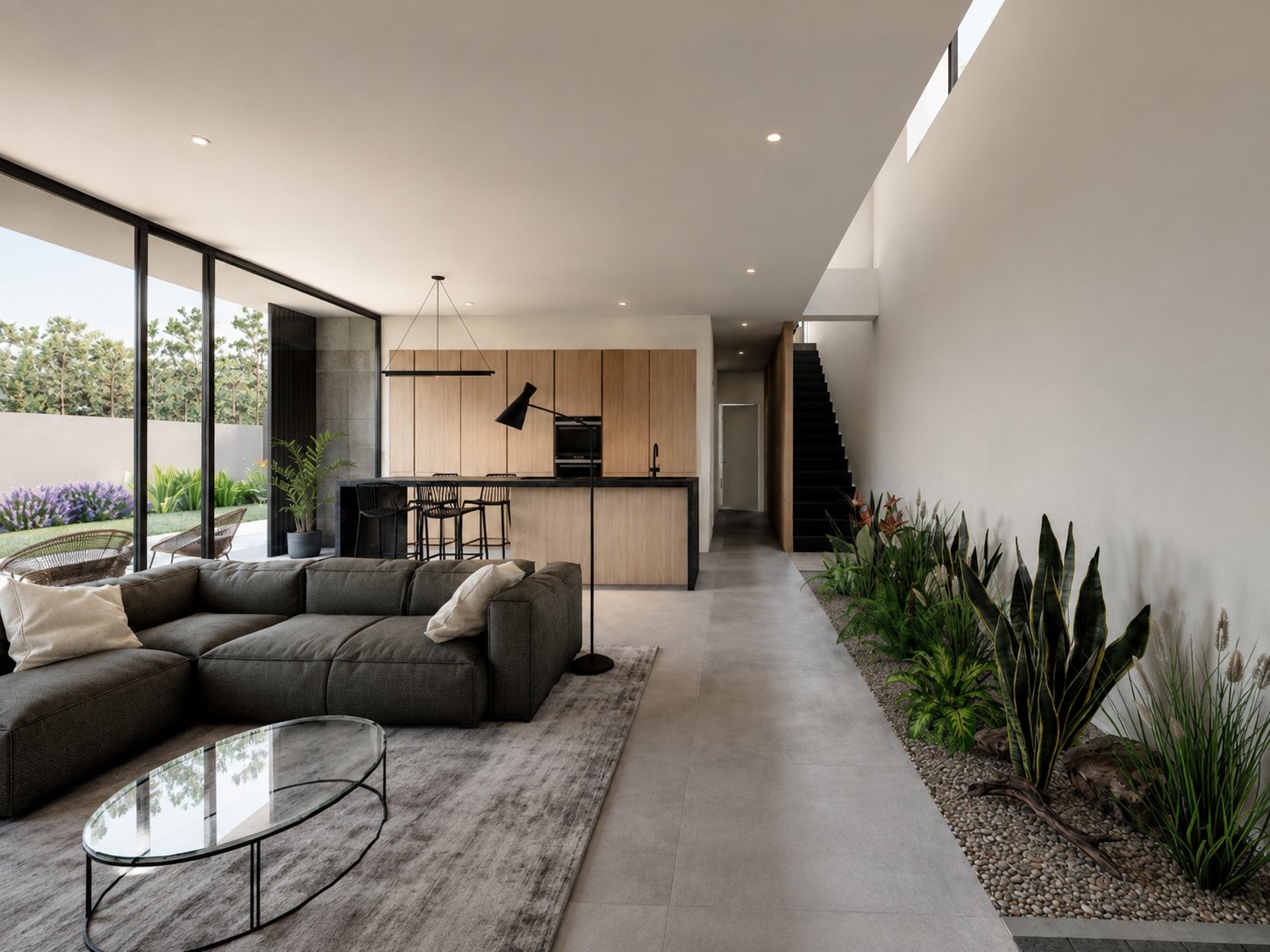 Interiorismo ASAME — salón y cocina abiertos con patio interior ajardinado