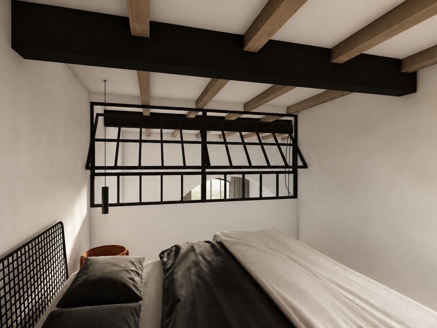 CU Purissima Sang — Dormitorio vigas vistas