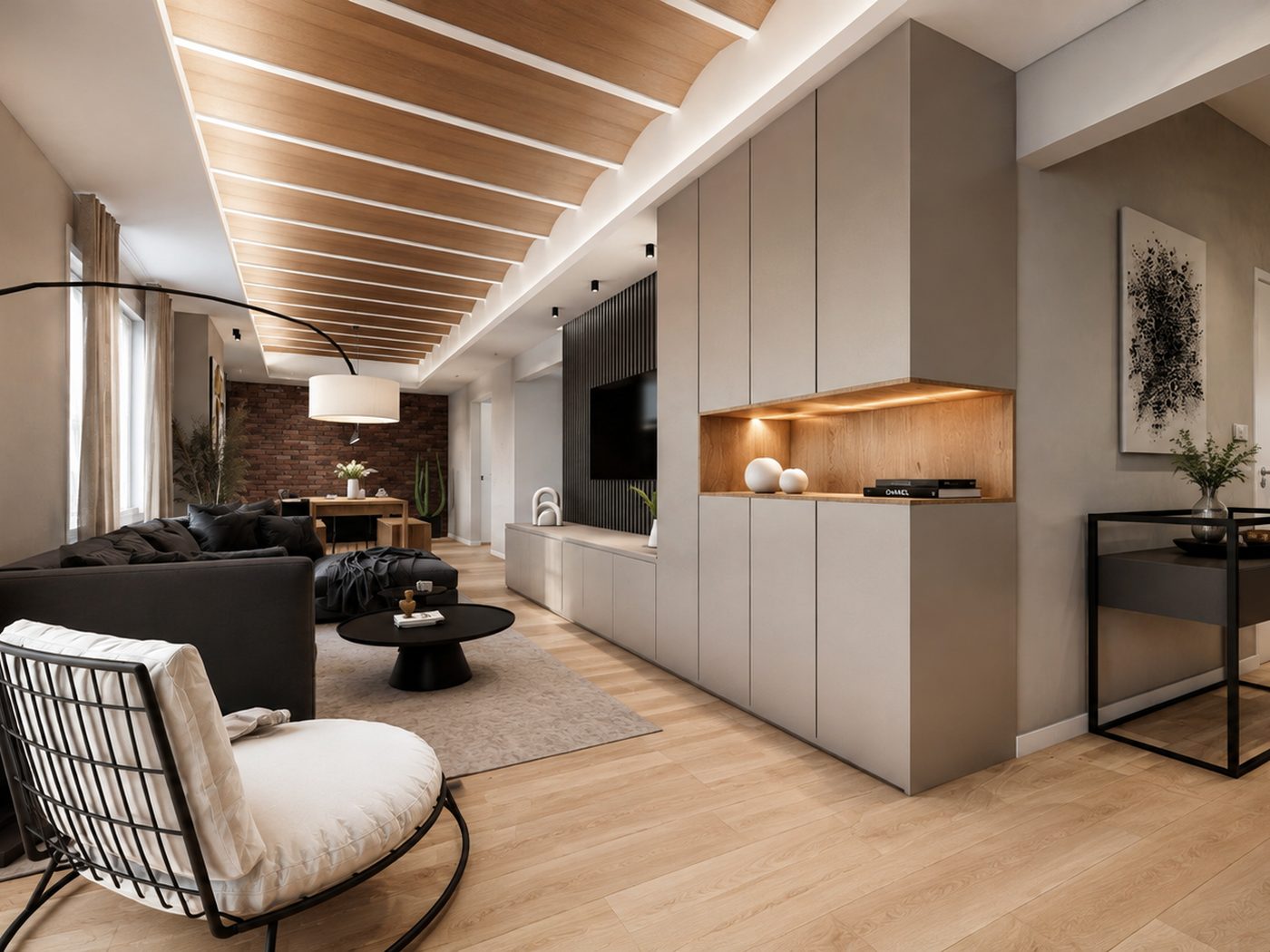 Reforma Abril — Salón ladrillo estantería