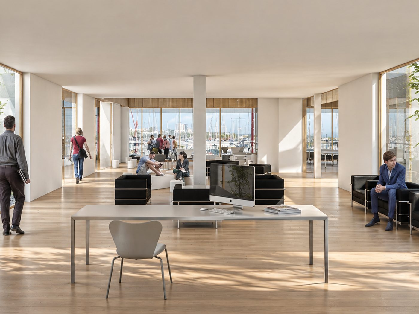 Reforma Club Náutico Vilanova — sala interior con patios ajardinados enfrentados