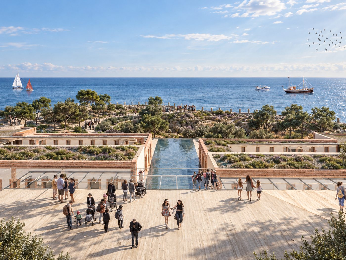 Reforma Preventori La Savinosa — terraza con lámina de agua orientada al mar
